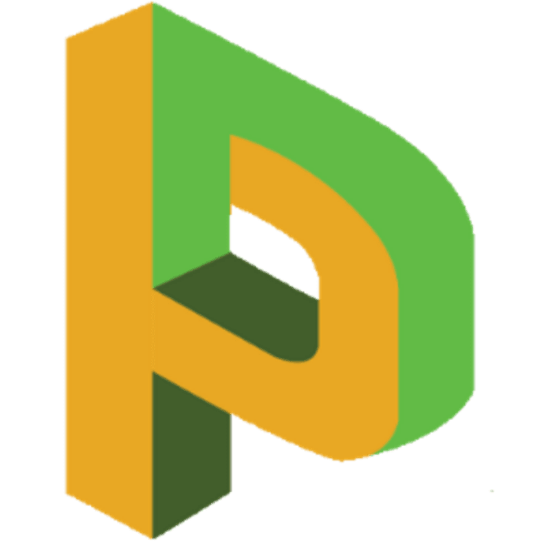 A 3D orange and green letter "P" casts a dark green shadow against a white background.