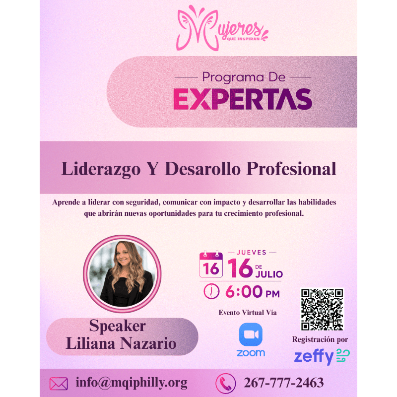 A pink and purple flyer advertises a virtual event titled "Programa De Expertas: Liderazgo Y Desarrollo Profesional" featuring speaker Liliana Nazario, with event details and contact information in the foreground and a butterfly logo at the top of the background.