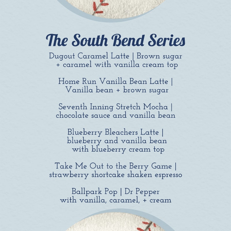 A list of themed coffee drinks with baseball-inspired names is presented against a light blue background with subtle floral accents.