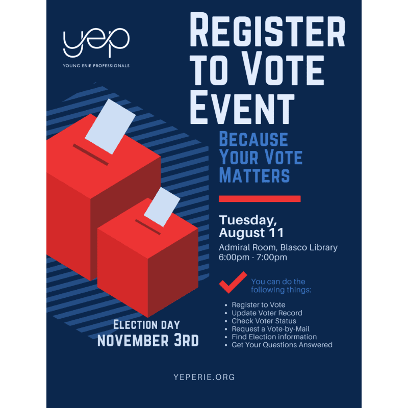 Two red ballot boxes with white slips of paper are in the foreground against a dark blue background with a diagonal stripe pattern, advertising a voter registration event.