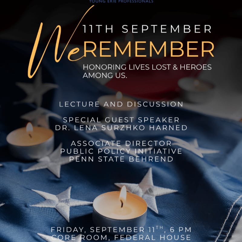 Lit candles and white stars are scattered across a blurred American flag in the foreground, with event details for a "We Remember" lecture on September 11th in the background.