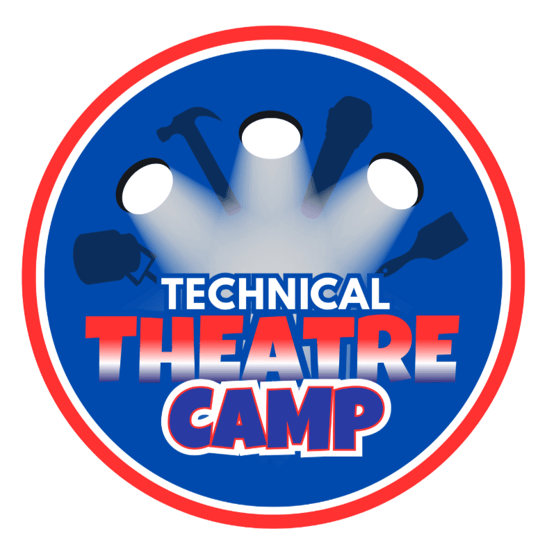 Silhouettes of stage tools are illuminated by spotlights against a blue background with the words "TECHNICAL THEATRE CAMP" in red and white lettering.