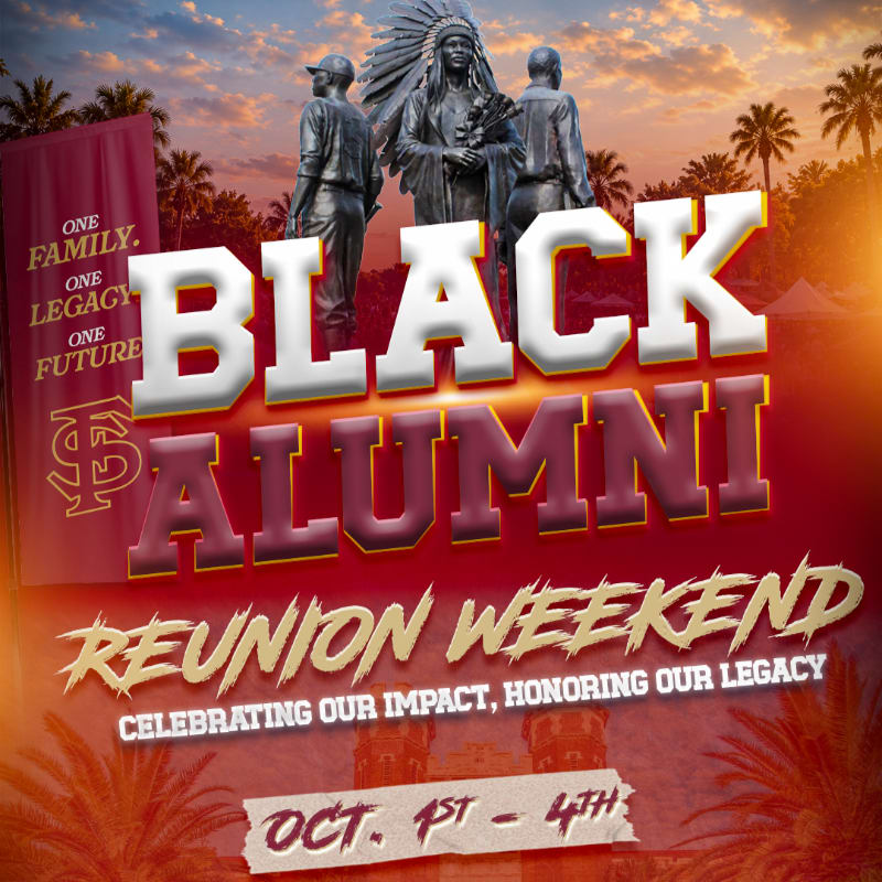 A statue of Native American figures stands prominently in the foreground against a backdrop of palm trees and a sunset, with bold text announcing "BLACK ALUMNI REUNION WEEKEND."