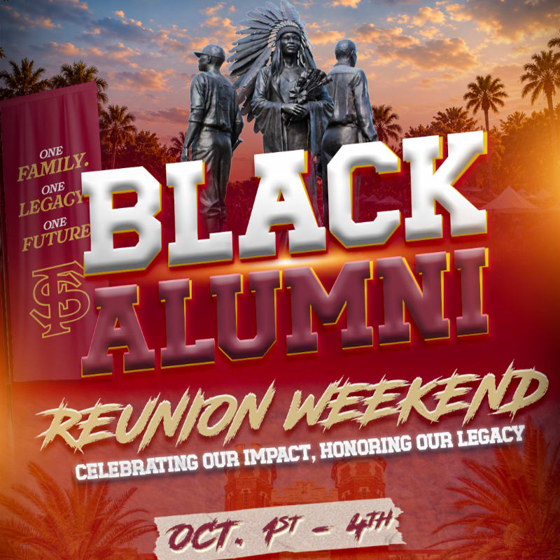 A statue of a Native American chief stands prominently in the background, with palm trees and a sunset, while the foreground features bold text announcing "BLACK ALUMNI REUNION WEEKEND" and event dates.