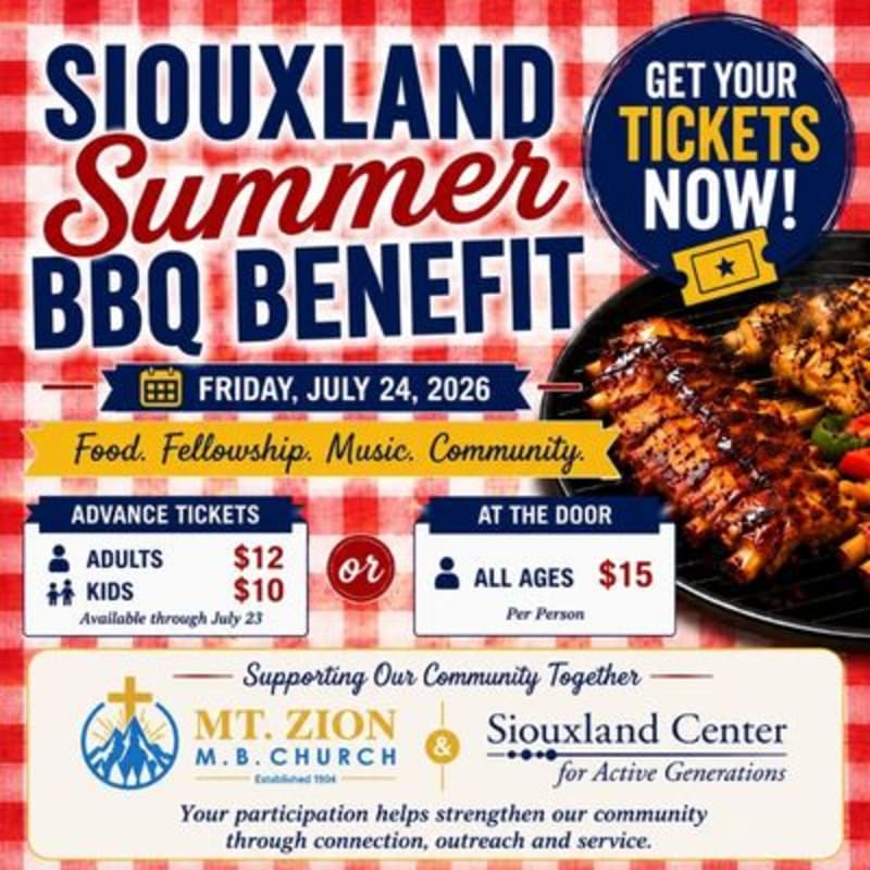 A red and white checkered background frames a flyer for a Siouxland Summer BBQ Benefit, featuring grilled food in the foreground and event details in the background.