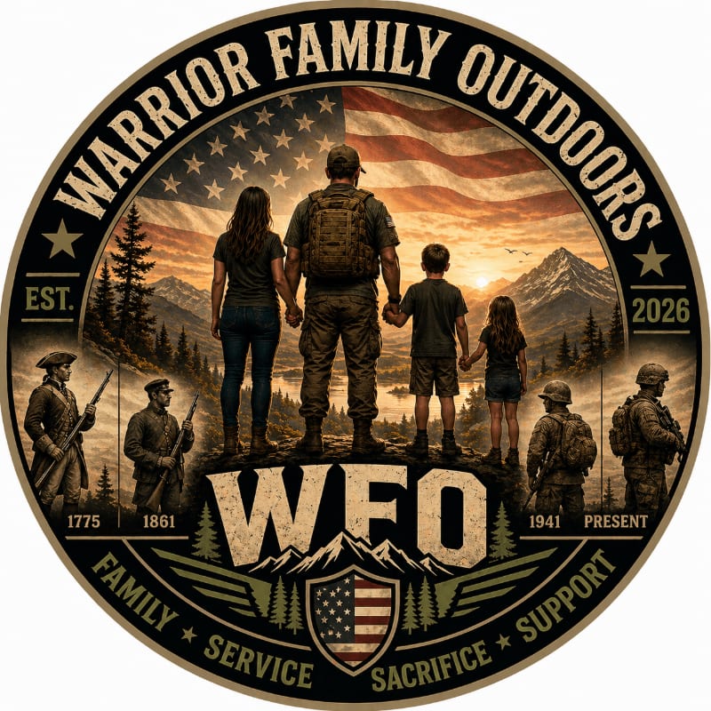 A family stands hand-in-hand before a majestic American flag backdrop, with historical figures and military silhouettes flanking the "WFO" logo in the foreground.