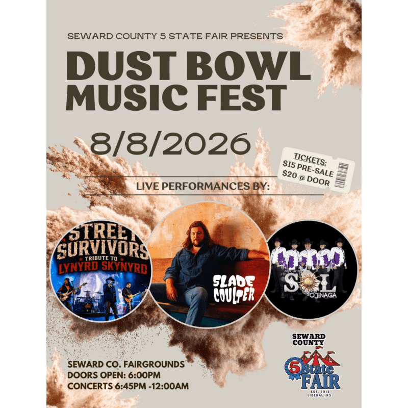 A poster for the Dust Bowl Music Fest on 8/8/2026 at Seward County Fairgrounds features three circular images of performing bands in the foreground against a dusty, tan background.