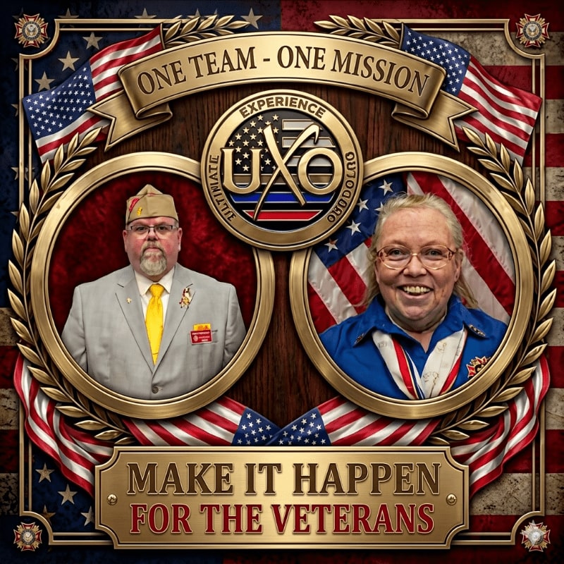 Two veterans are framed by American flags and patriotic emblems, with the phrases "ONE TEAM - ONE MISSION" and "MAKE IT HAPPEN FOR THE VETERANS" displayed prominently.