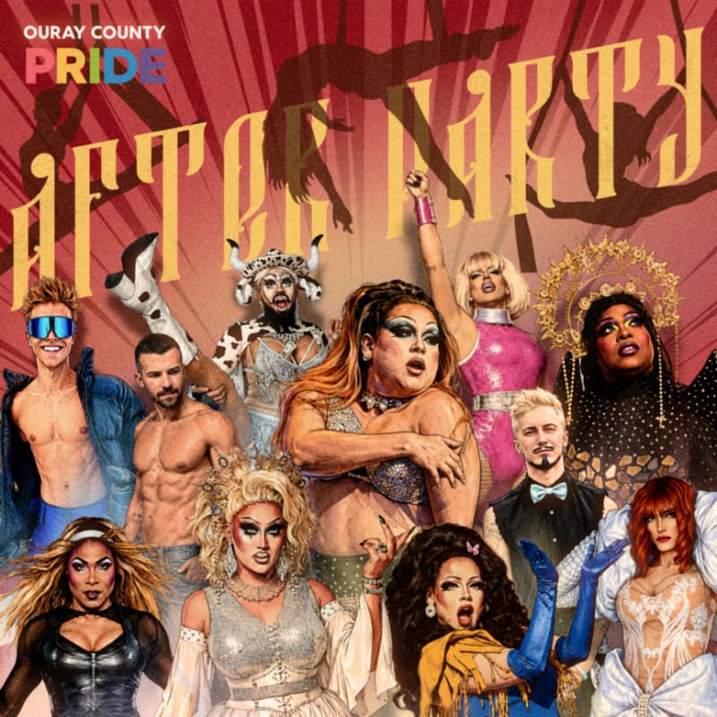 A group of drag performers pose in the foreground against a backdrop of abstract shapes and the words "AFTER PARTY" in large, stylized lettering.