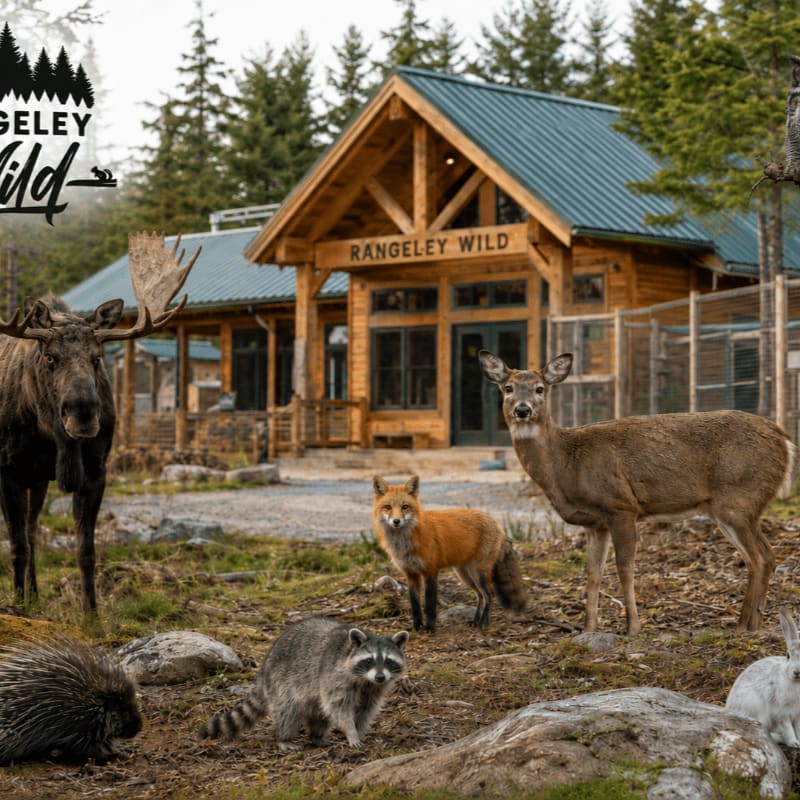 A moose, deer, fox, raccoon, porcupine, and rabbit stand in the foreground before a rustic wooden building with "RANGELEY WILD" signage, set against a backdrop of a dense, evergreen forest.