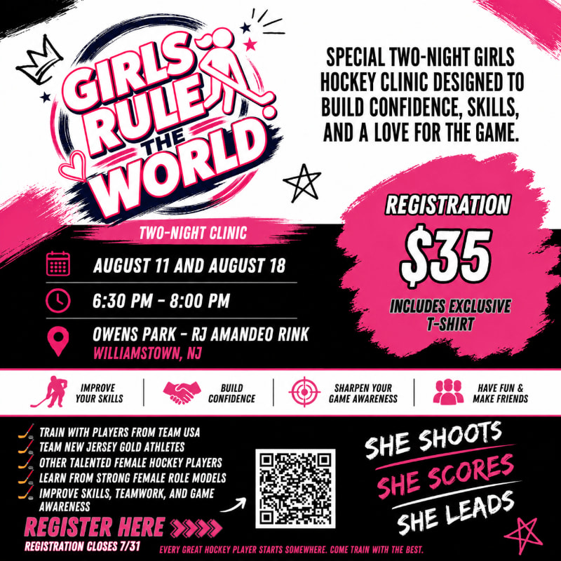A pink and black flyer advertises a two-night girls' hockey clinic with details about dates, times, location, cost, and benefits, set against a background with abstract shapes and hockey-related graphics.