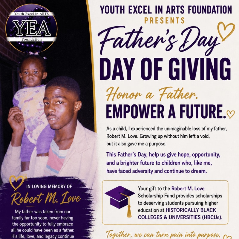 A young father holds his daughter in the foreground, while the background features text promoting a Father's Day event by the Youth Excel in Arts Foundation.