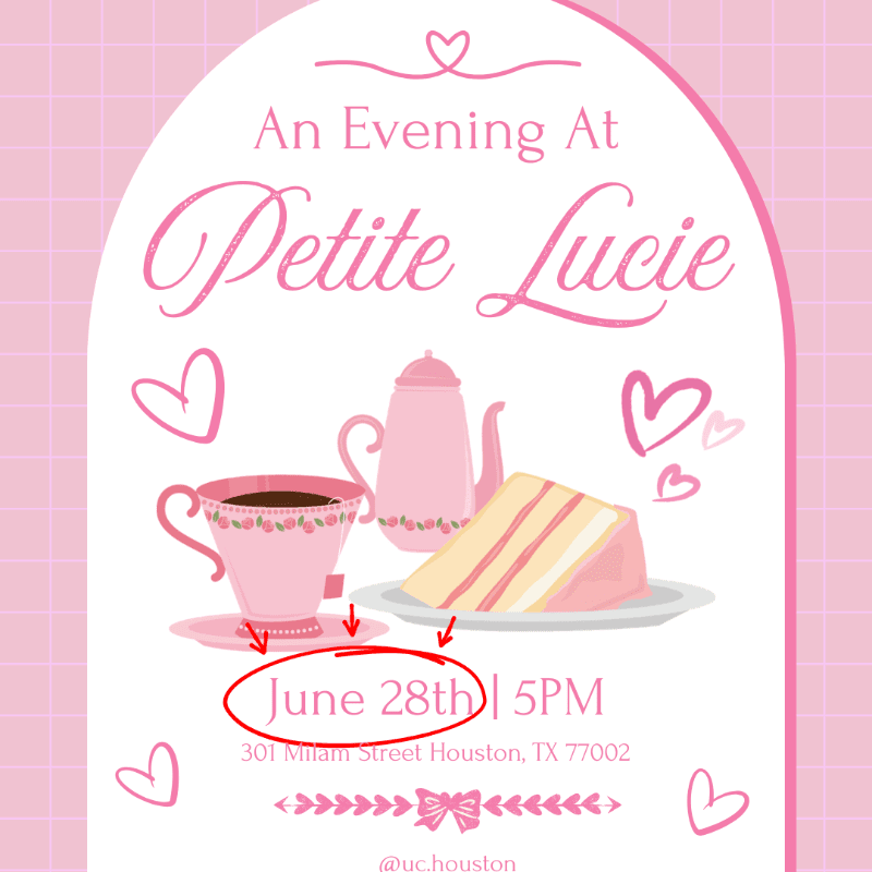 A pink invitation with a teacup, teapot, and cake in the foreground is set against a pastel pink grid background.