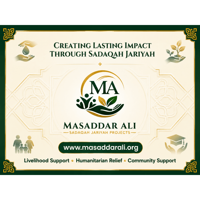A logo with the text "MA MASADDAR ALI - SADAQAH JARIYAH PROJECTS" is centered on a cream background with green decorative borders, featuring icons of hands holding water, a growing plant, a family, and a graduation cap, all promoting "Creating Lasting Impact Through Sadaqah Jariyah" and listing "Livelihood Support, Humanitarian Relief, Community Support" with a website address.