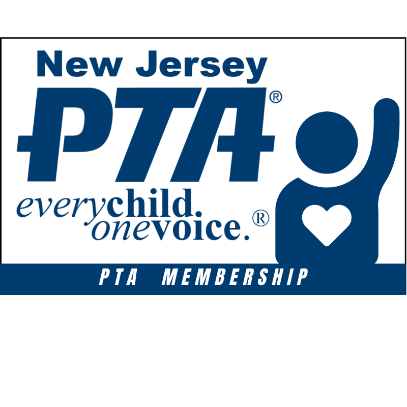 A blue and white logo for New Jersey PTA Membership features the text "New Jersey PTA" and "everychild. onevoice." in the foreground, with a silhouette of a person with a heart on their chest and a raised hand in the background.