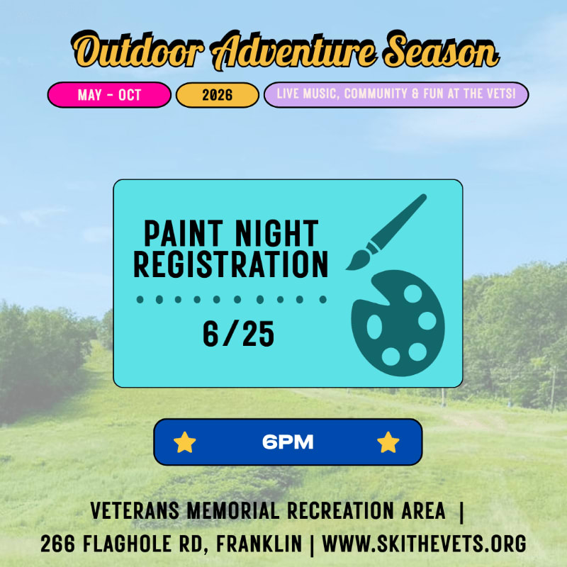 A teal sign announcing "Paint Night Registration" for 6/25 at 6 PM is superimposed on a scenic outdoor background of a grassy field and trees under a blue sky.