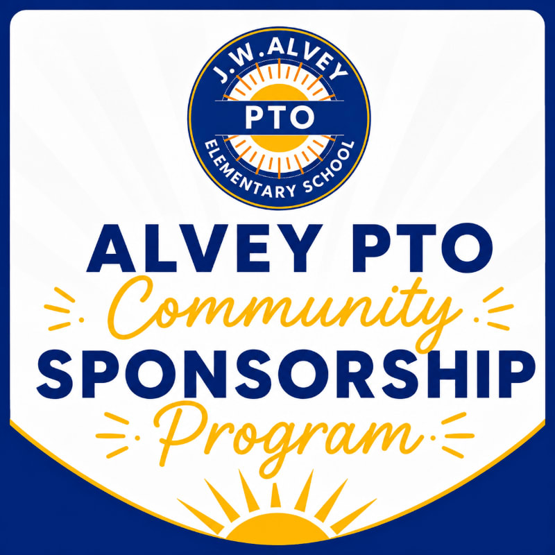 A blue and white graphic advertises the "ALVEY PTO Community Sponsorship Program" with a school logo at the top and a sunburst design at the bottom.
