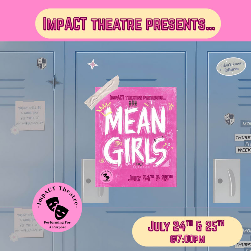A pink poster for "Mean Girls" is taped to blue lockers, with event details at the bottom.
