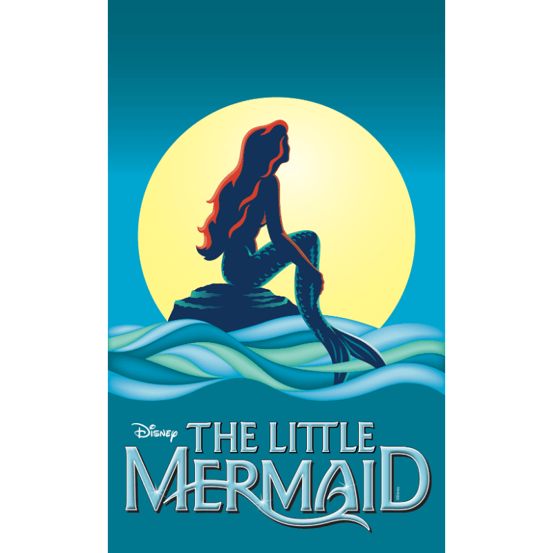 A silhouette of Ariel, the Little Mermaid, sits on a rock in the ocean with a large yellow moon behind her, while the movie title is displayed at the bottom.