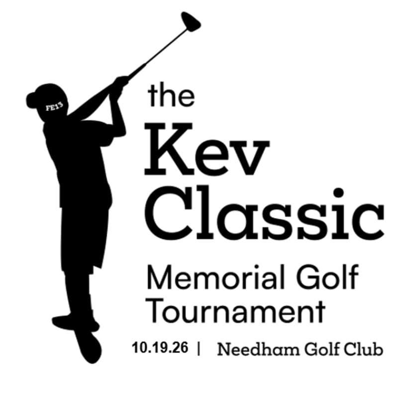 A silhouette of a golfer mid-swing is on the left, with the text "the Kev Classic Memorial Golf Tournament 10.19.26 | Needham Golf Club" to its right on a white background.