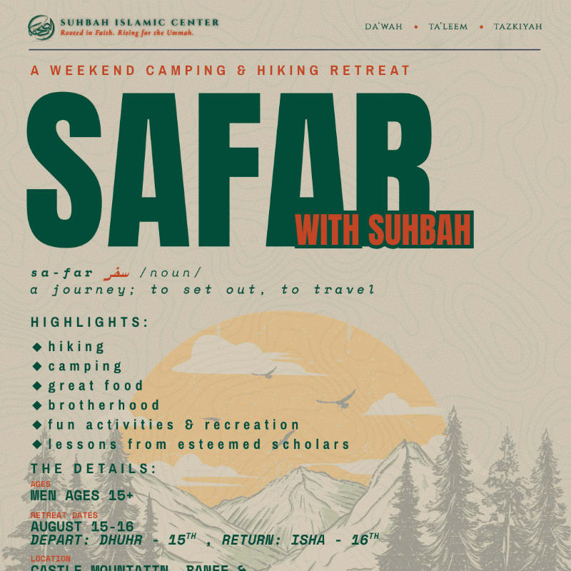 A poster for a weekend camping and hiking retreat titled "Safar with Subhah" features a stylized mountain landscape in the background and event details in the foreground.