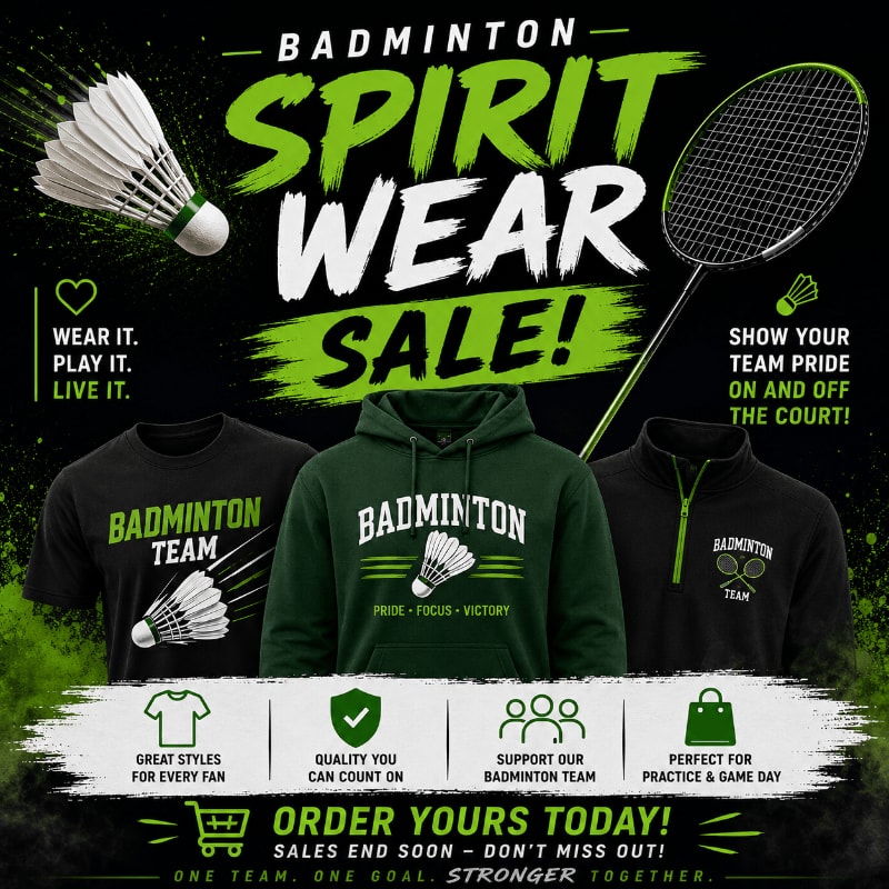 In the foreground, three pieces of badminton apparel are displayed with promotional text, while the background features a badminton racket and shuttlecock against a dark, textured backdrop.