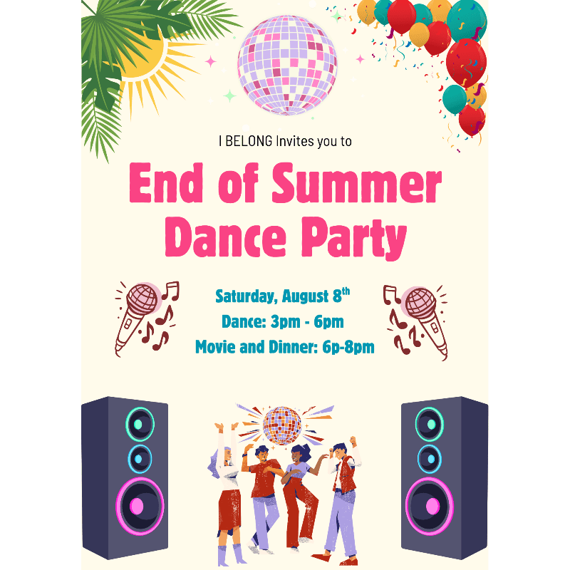A vibrant "End of Summer Dance Party" invitation features dancing silhouettes and speakers in the foreground, with palm fronds, a disco ball, and balloons in the background.