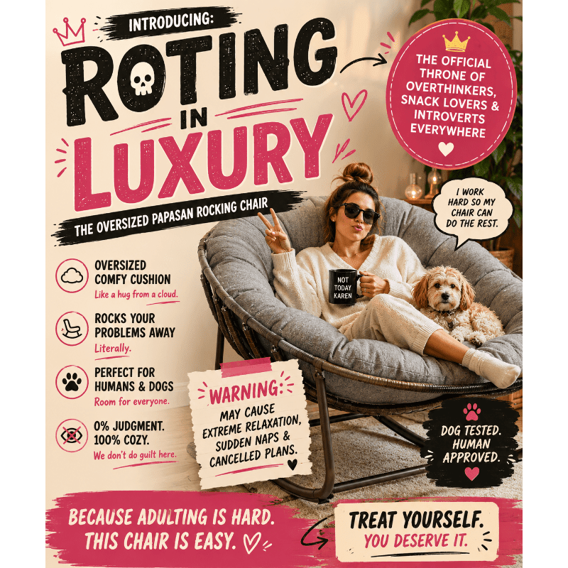 A woman and a dog relax in a large papasan chair in a cozy room, surrounded by text promoting the chair as a luxurious escape.