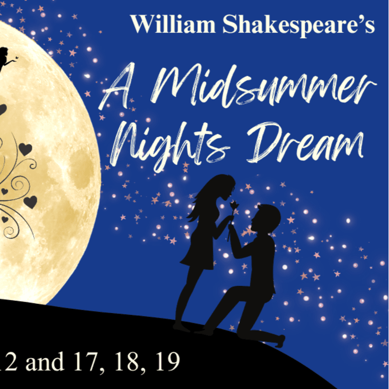 Silhouetted lovers are on a hill beneath a large moon and starry sky, with the title "William Shakespeare's A Midsummer Night's Dream" above.