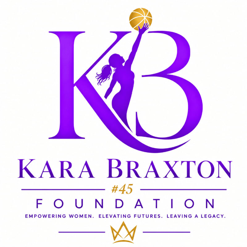 A purple logo features a silhouette of a basketball player reaching for a ball within the letters "KB," with "KARA BRAXTON FOUNDATION" and a tagline below on a white background.