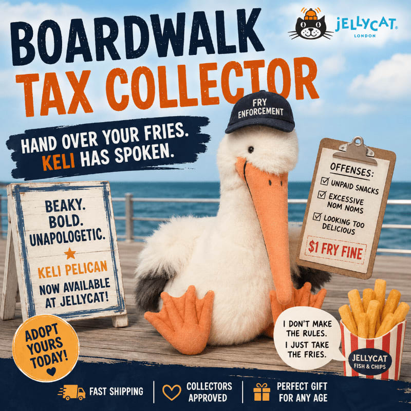 A plush pelican wearing a "Fry Enforcement" hat sits on a wooden boardwalk, holding a box of fries, with a sign listing offenses and fines in the background.
