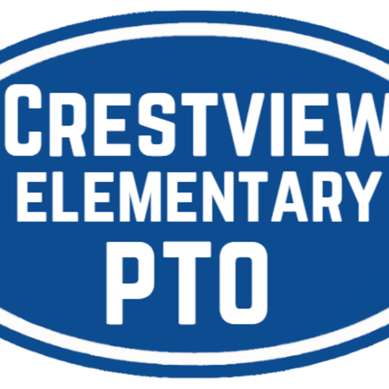 White text reading "CRESTVIEW ELEMENTARY PTO" is displayed on a blue oval background.