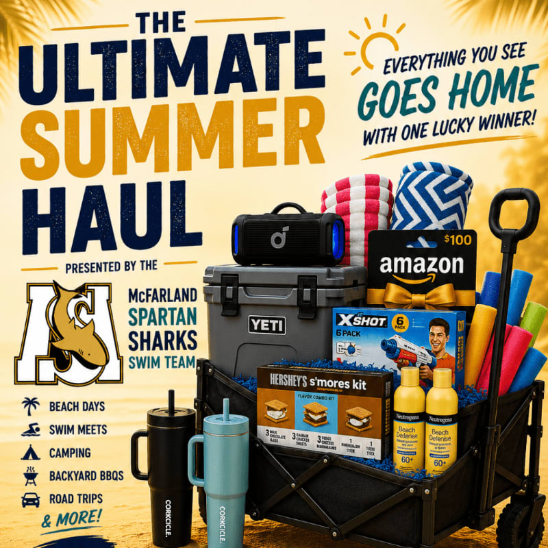A black wagon filled with summer essentials like a cooler, s'mores kit, and beach toys sits in the foreground against a blurred yellow background with text announcing "The Ultimate Summer Haul."