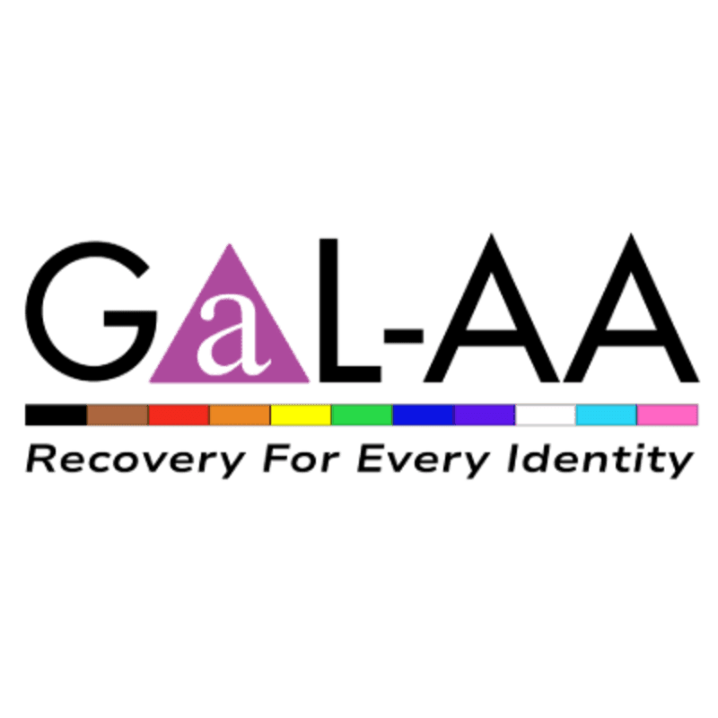The foreground displays the text "GAL-AA Recovery For Every Identity" with a rainbow stripe, while the background is white.