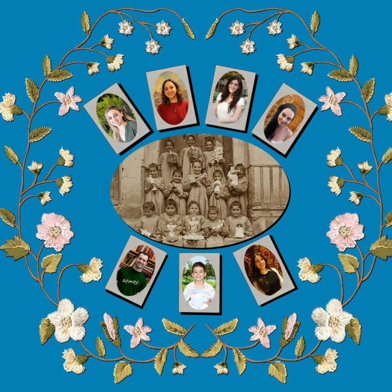 A collage of family portraits, featuring a vintage group photo in the center surrounded by individual modern photos, is framed by a floral garland against a blue background.