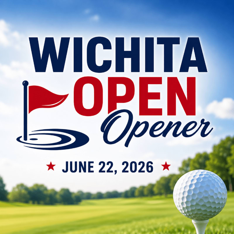 A golf ball sits on a tee in the foreground, with the "Wichita Open Opener June 22, 2026" text and a golf flag against a bright blue sky and green trees in the background.