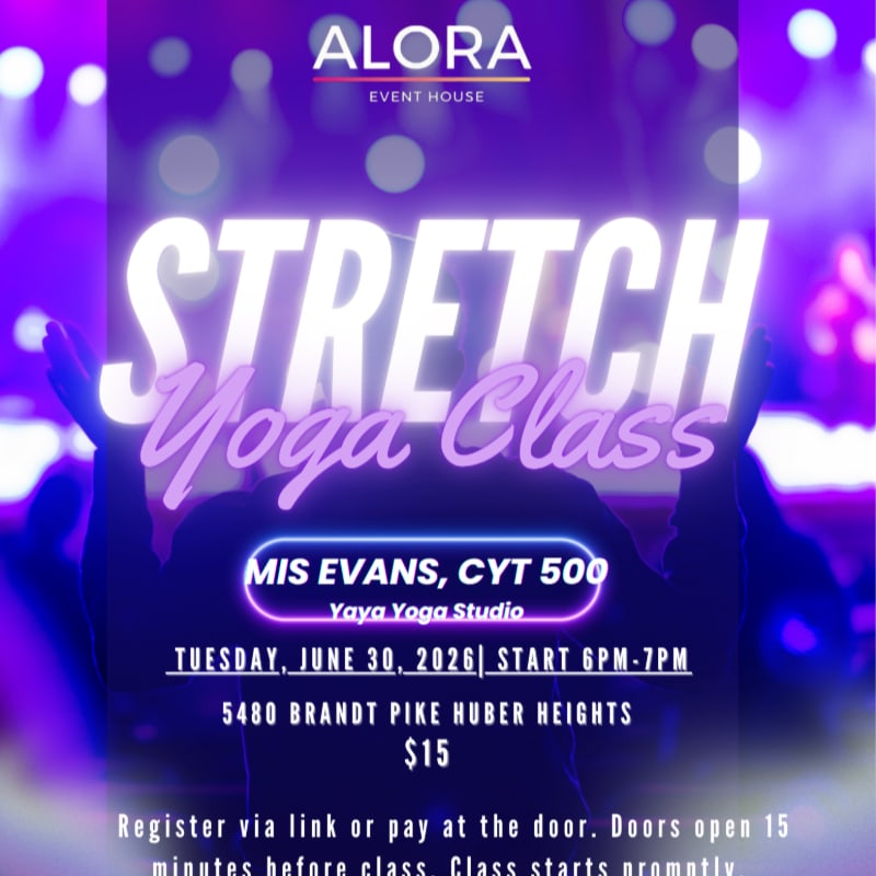A silhouette of a person with arms raised in a yoga pose is centered in the foreground, with the text "STRETCH Yoga Class" prominently displayed, against a blurred background of purple lights and stage-like ambiance.
