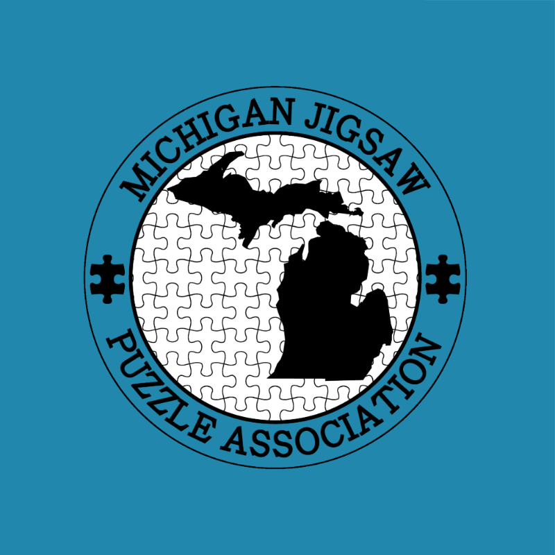 A black silhouette of Michigan is superimposed on a white jigsaw puzzle pattern within a circular logo, all set against a solid blue background.