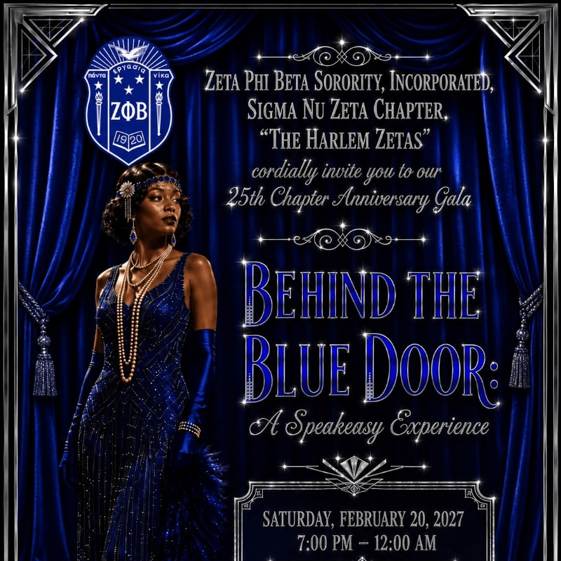 A glamorous woman in a blue beaded dress and gloves stands in front of a blue velvet curtain, advertising a 25th-anniversary gala.