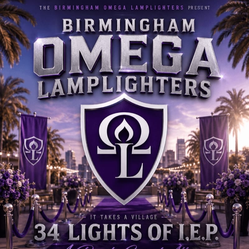 A purple and silver crest with the Omega Lamplighters logo is centered in the foreground, framed by palm trees and city lights in the background.
