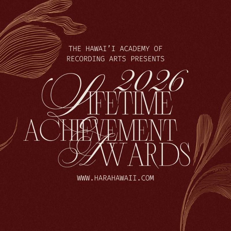 Elegant gold floral designs frame the text "The Hawai'i Academy of Recording Arts Presents Lifetime Achievement Awards 2026" on a deep red background.