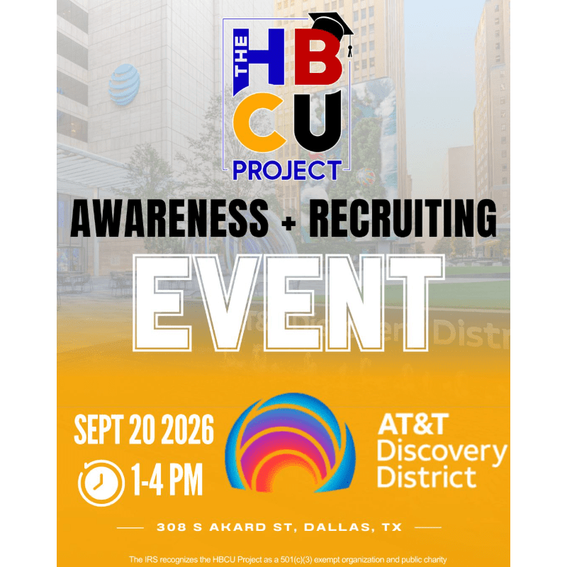 A vibrant orange and yellow poster for an "Awareness + Recruiting Event" by "The HBCU Project" is displayed against a blurred urban background featuring tall buildings.