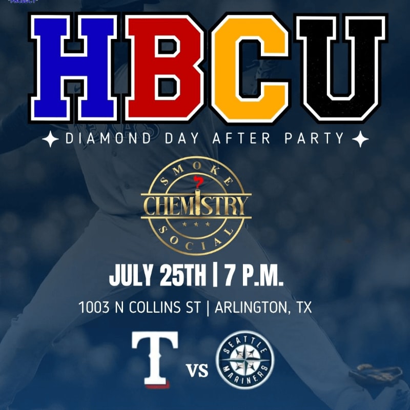 A baseball player in the background is blurred behind the text "HBCU DIAMOND DAY AFTER PARTY" and event details.