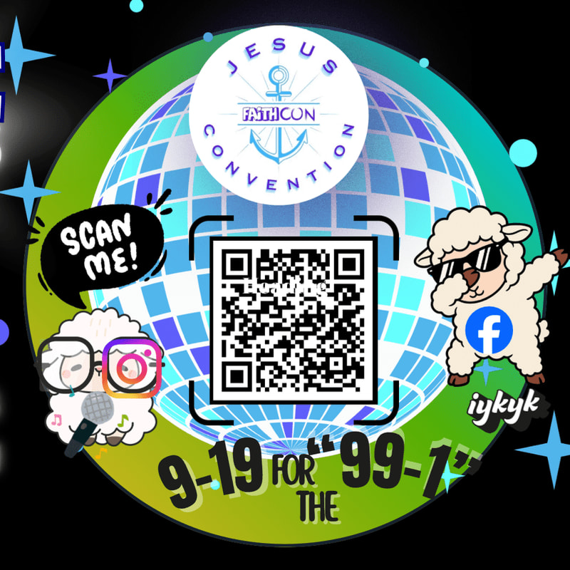 Two cartoon sheep, one with a microphone and Instagram logo, the other with sunglasses and a Facebook logo, stand in front of a disco ball and QR code, with "JESUS FAITHCON CONVENTION" text above and "9-19 FOR THE 99-17" text below.