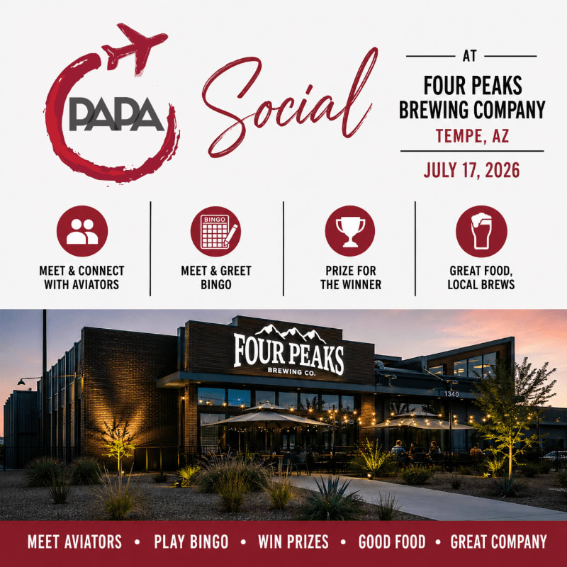 A social event for aviators is advertised above a nighttime photo of the Four Peaks Brewing Company in Tempe, Arizona.