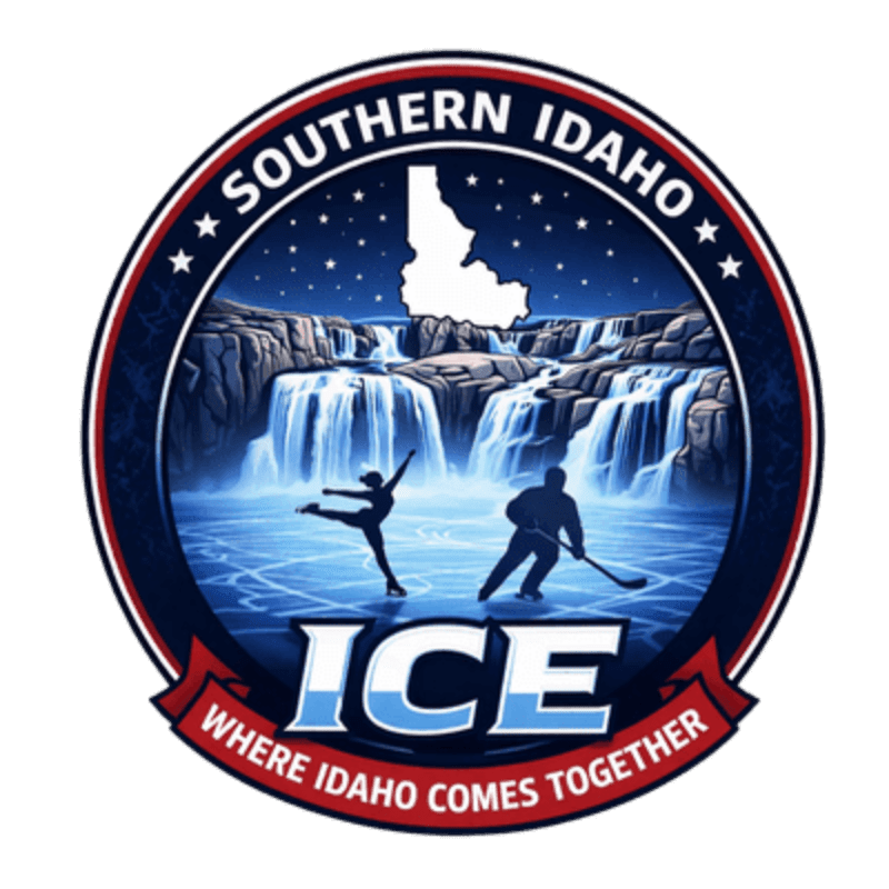 Two ice skaters are on a frozen surface in the foreground, with a waterfall and the outline of Idaho in the background, all within a circular emblem.