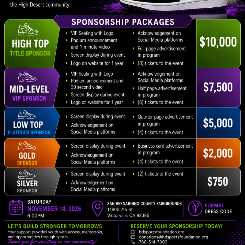 A sponsorship package list with different levels and prices is presented against a dark background with a subtle purple gradient and a faint image of a shoe in the upper background.