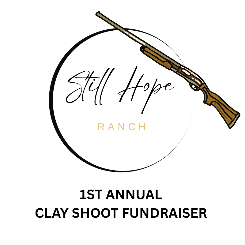 A shotgun is positioned over a circular logo with the words "Still Hope RANCH" in the foreground, while the background is a white space with text announcing "1ST ANNUAL CLAY SHOOT FUNDRAISER".