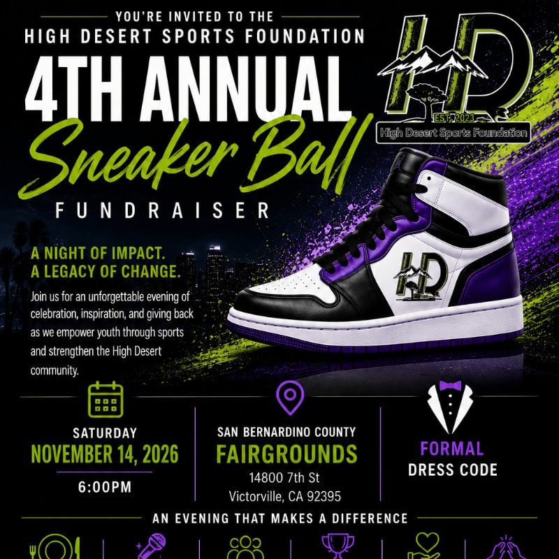 A vibrant flyer for the 4th Annual Sneaker Ball Fundraiser features a stylized sneaker in the foreground against a dark background with event details.
