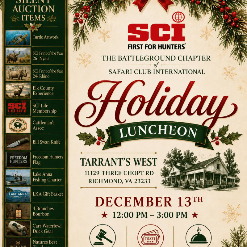 A festive holiday luncheon flyer for Safari Club International features a list of auction items on the left and event details with a rustic building illustration on the right, all framed by holiday greenery.